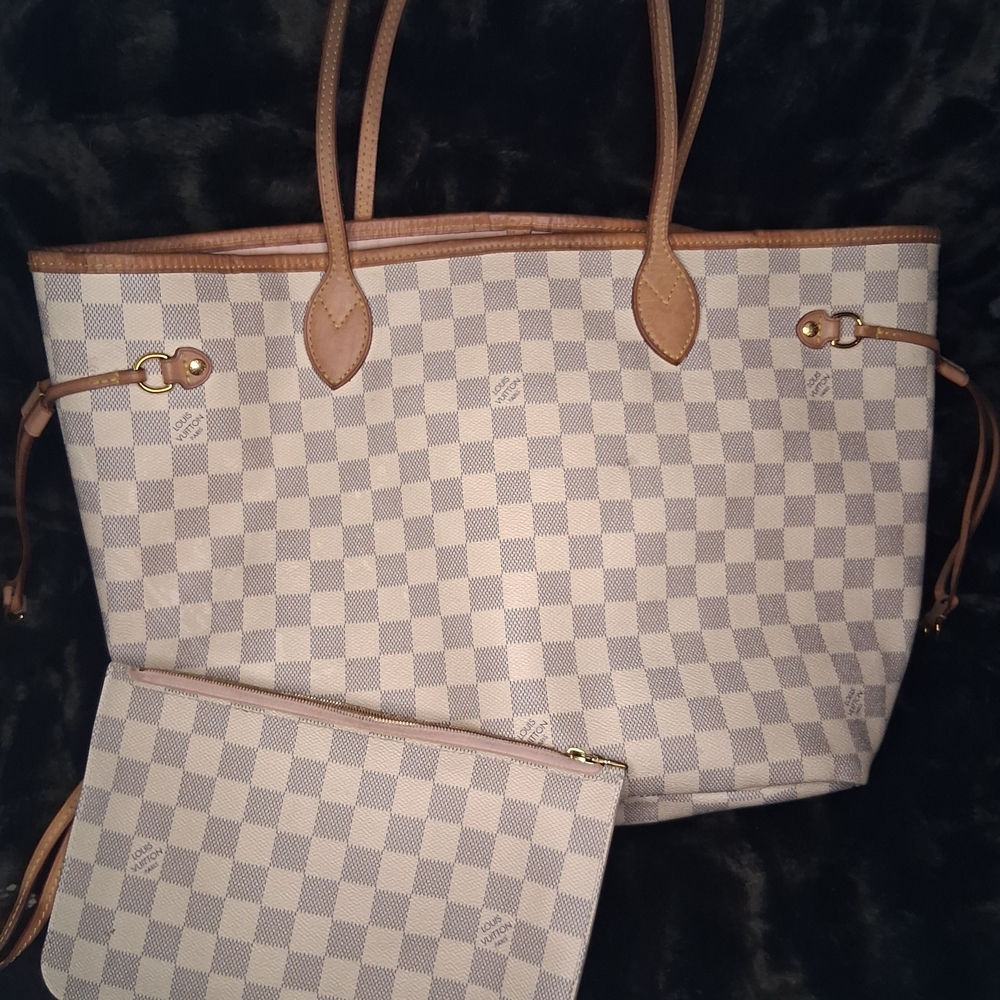 Louis Vuitton Cream and Tan Checkered Tote with Pouch